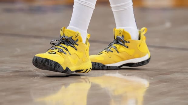 Philadelphia 76ers guard James Harden wearing the Adidas Harden Vol. 6.